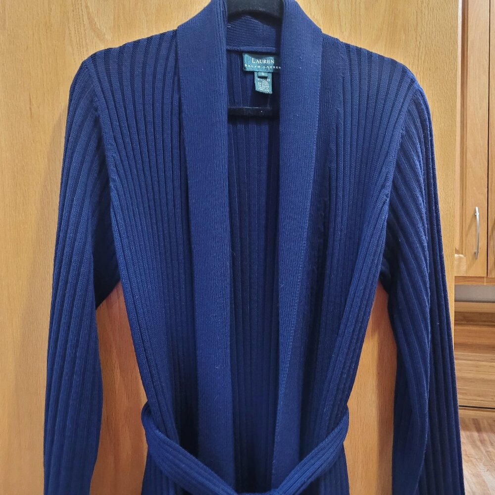 Ralph Lauren Shawl Neck Tie Front 100% Wool Ribbed Knit Blue Maxi Cardigan NWOT
